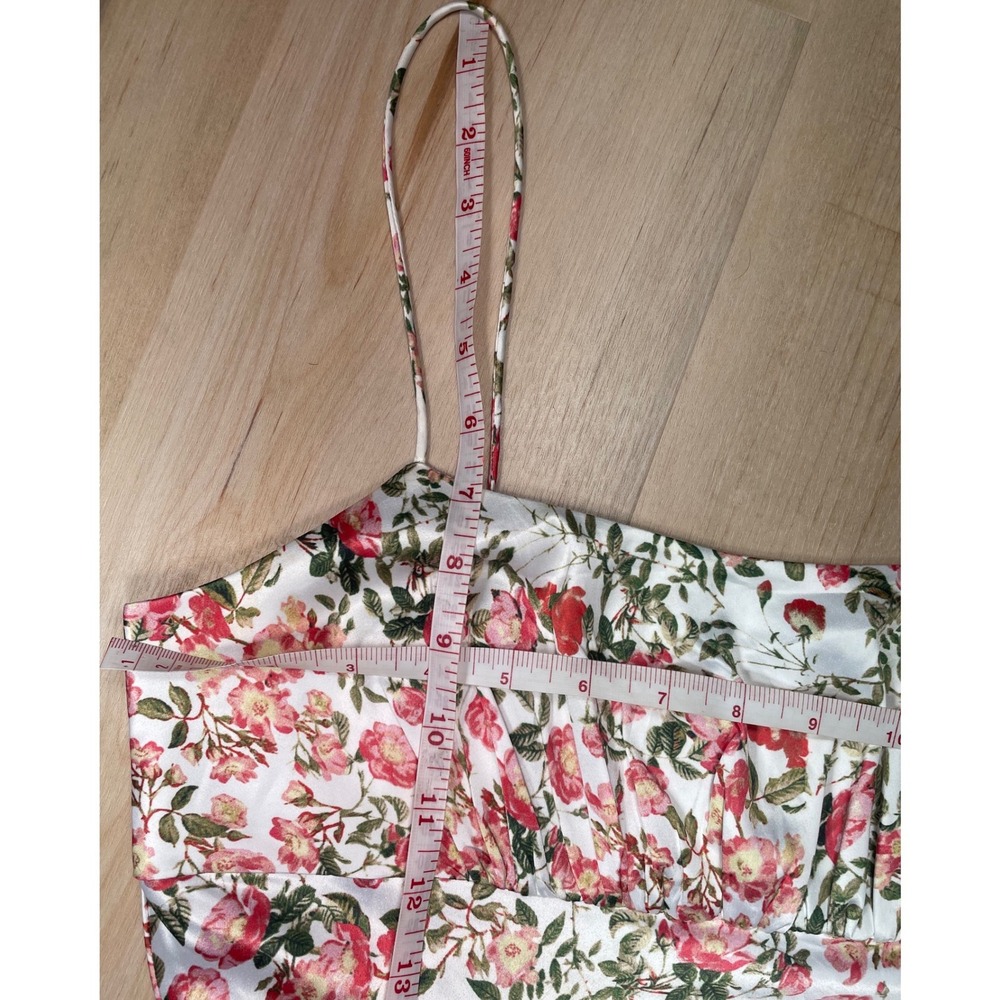 AQUA Floral Satin Slip Dress XS Pink Red Rose Print Ruched Mini Spaghetti Strap - Picture 6 of 9